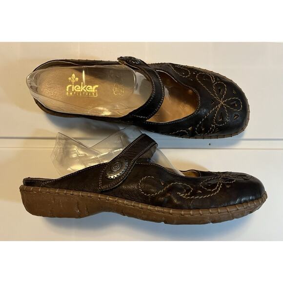 Rieker Women's Brown Leather Slip-On Mules Embroidered Decorative Button Size 41 - Picture 1 of 11